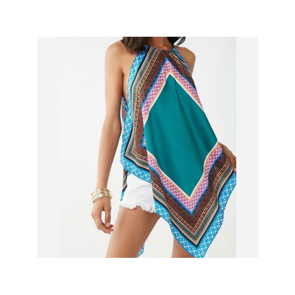 Forever 21 Teal & Multicolor Printed Halter Scarf Tank Top Size XS
